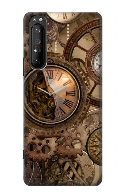 W3927 Compass Clock Gage Steampunk Hülle Schutzhülle Taschen und Leder Flip für Sony Xperia 1 II