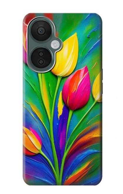 W3926 Colorful Tulip Oil Painting Hülle Schutzhülle Taschen und Leder Flip für OnePlus Nord CE 3 Lite, Nord N30 5G