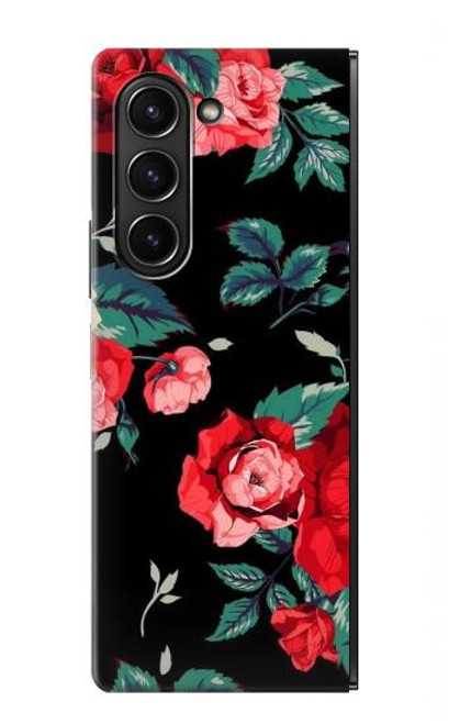 W3112 Rose Floral Pattern Black Hülle Schutzhülle Taschen Flip für Samsung Galaxy Z Fold 5