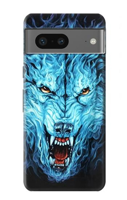 W0752 Blue Fire Grim Wolf Hülle Schutzhülle Taschen und Leder Flip für Google Pixel 7a