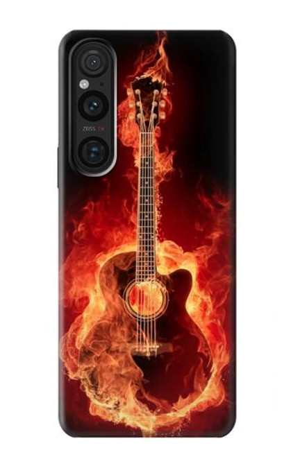 W0415 Fire Guitar Burn Hülle Schutzhülle Taschen und Leder Flip für Sony Xperia 1 V