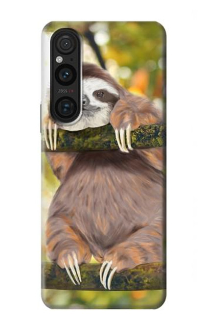 W3138 Cute Baby Sloth Paint Hülle Schutzhülle Taschen und Leder Flip für Sony Xperia 1 V