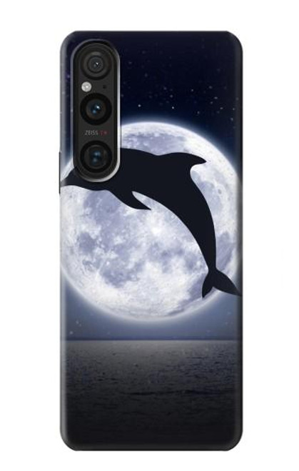 W3510 Dolphin Moon Night Hülle Schutzhülle Taschen und Leder Flip für Sony Xperia 1 V