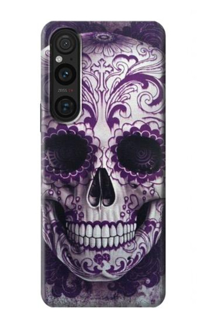 W3582 Purple Sugar Skull Hülle Schutzhülle Taschen und Leder Flip für Sony Xperia 1 V
