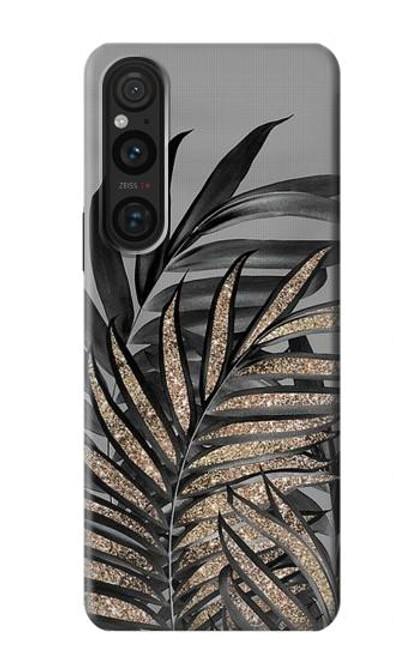 W3692 Gray Black Palm Leaves Hülle Schutzhülle Taschen und Leder Flip für Sony Xperia 1 V