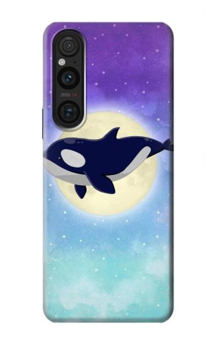 W3807 Killer Whale Orca Moon Pastel Fantasy Hülle Schutzhülle Taschen und Leder Flip für Sony Xperia 1 V