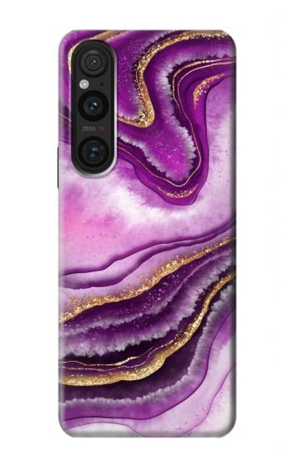 W3896 Purple Marble Gold Streaks Hülle Schutzhülle Taschen und Leder Flip für Sony Xperia 1 V