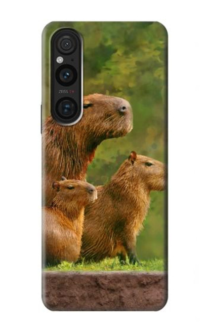 W3917 Capybara Family Giant Guinea Pig Hülle Schutzhülle Taschen und Leder Flip für Sony Xperia 1 V