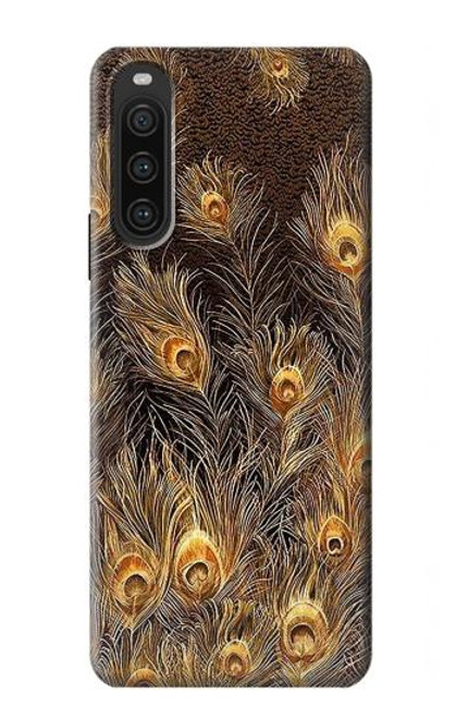 W3691 Gold Peacock Feather Hülle Schutzhülle Taschen und Leder Flip für Sony Xperia 10 V