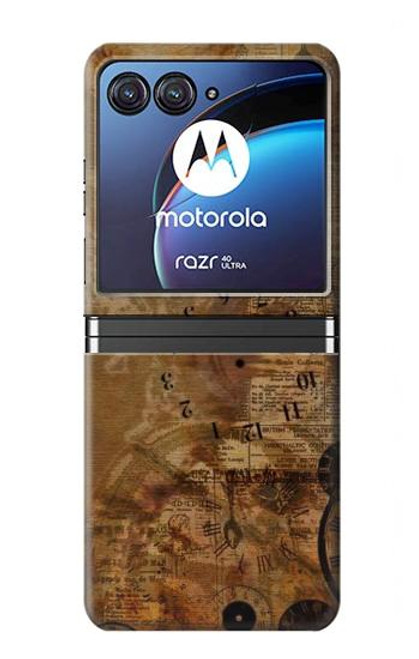 W3456 Vintage Paper Clock Steampunk Hülle Schutzhülle Taschen Flip für Motorola Razr 40 Ultra