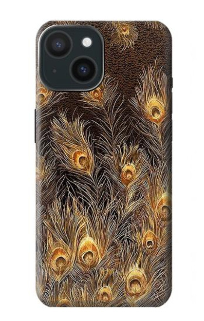 W3691 Gold Peacock Feather Hülle Schutzhülle Taschen und Leder Flip für iPhone 15