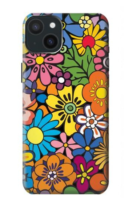 W3281 Colorful Hippie Flowers Pattern Hülle Schutzhülle Taschen und Leder Flip für iPhone 15 Plus