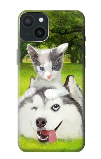 W3795 Kitten Cat Playful Siberian Husky Dog Paint Hülle Schutzhülle Taschen und Leder Flip für iPhone 15 Plus