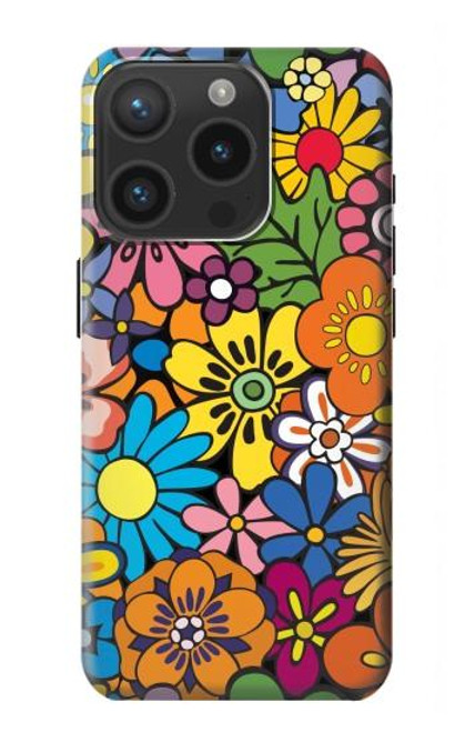 W3281 Colorful Hippie Flowers Pattern Hülle Schutzhülle Taschen und Leder Flip für iPhone 15 Pro