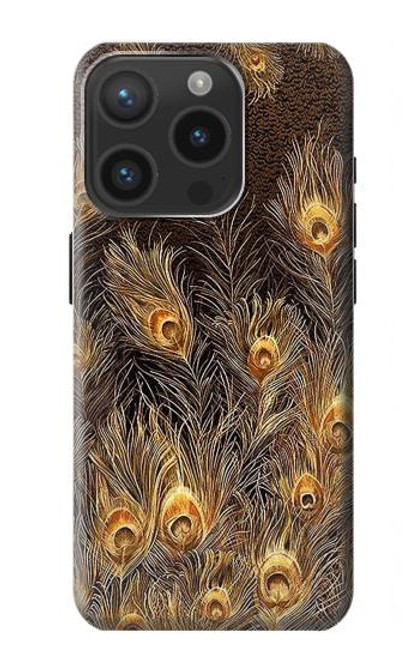 W3691 Gold Peacock Feather Hülle Schutzhülle Taschen und Leder Flip für iPhone 15 Pro