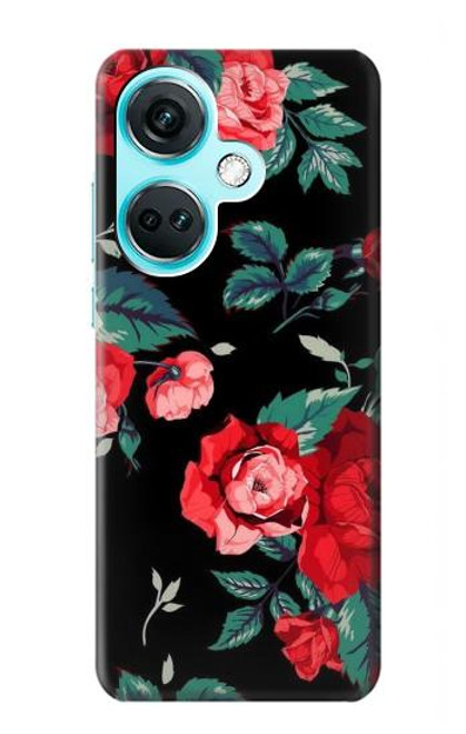 W3112 Rose Floral Pattern Black Hülle Schutzhülle Taschen und Leder Flip für OnePlus Nord CE3