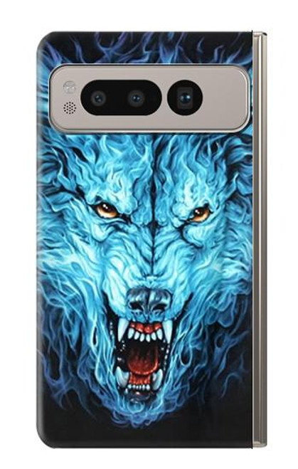 W0752 Blue Fire Grim Wolf Hülle Schutzhülle Taschen und Leder Flip für Google Pixel Fold