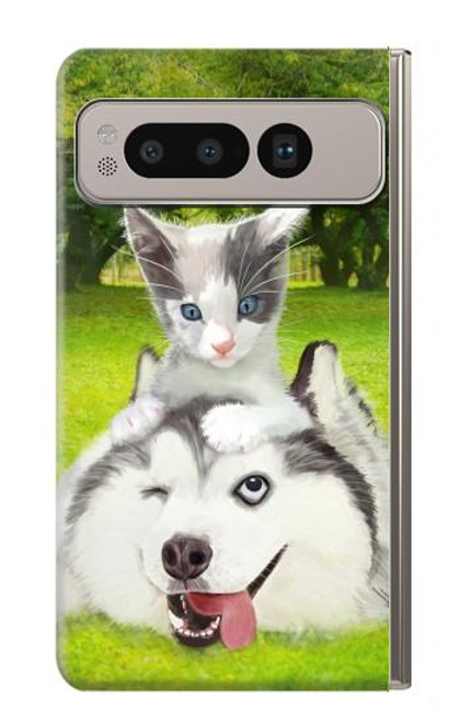 W3795 Kitten Cat Playful Siberian Husky Dog Paint Hülle Schutzhülle Taschen und Leder Flip für Google Pixel Fold