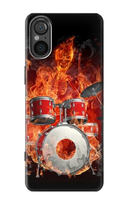 W1431 Skull Drum Fire Rock Hülle Schutzhülle Taschen und Leder Flip für Sony Xperia 5 V