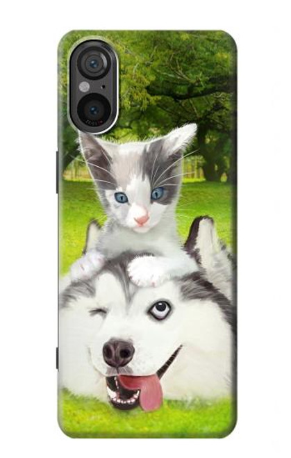 W3795 Kitten Cat Playful Siberian Husky Dog Paint Hülle Schutzhülle Taschen und Leder Flip für Sony Xperia 5 V
