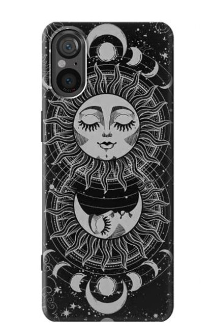 W3854 Mystical Sun Face Crescent Moon Hülle Schutzhülle Taschen und Leder Flip für Sony Xperia 5 V