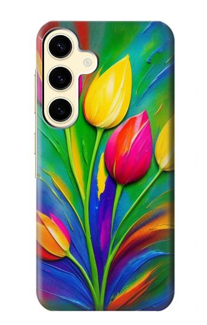 W3926 Colorful Tulip Oil Painting Hülle Schutzhülle Taschen und Leder Flip für Samsung Galaxy S24