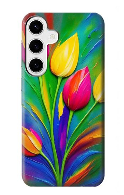 W3926 Colorful Tulip Oil Painting Hülle Schutzhülle Taschen und Leder Flip für Samsung Galaxy S24 Plus