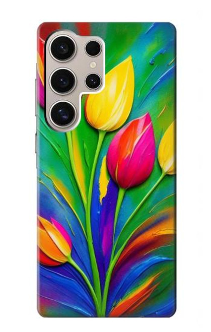 W3926 Colorful Tulip Oil Painting Hülle Schutzhülle Taschen und Leder Flip für Samsung Galaxy S24 Ultra