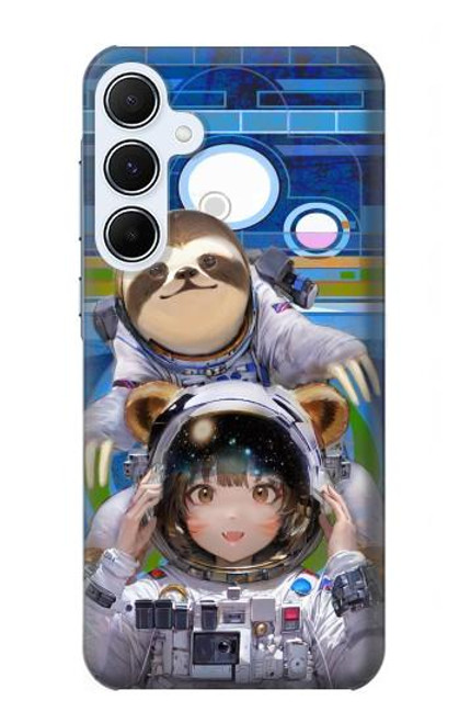 W3915 Raccoon Girl Baby Sloth Astronaut Suit Hülle Schutzhülle Taschen und Leder Flip für Samsung Galaxy A55 5G