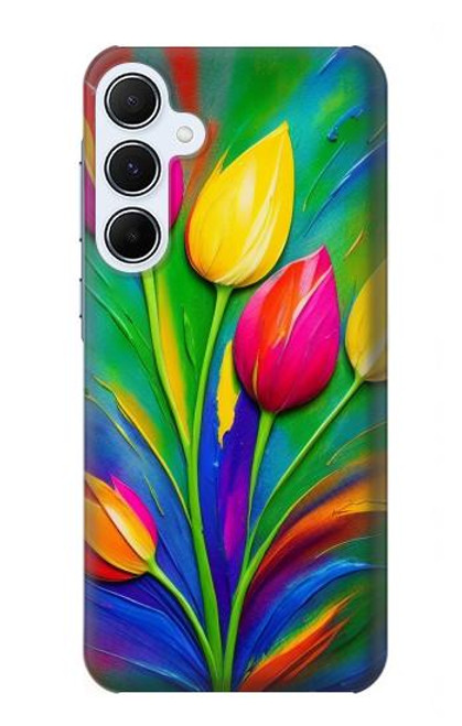 W3926 Colorful Tulip Oil Painting Hülle Schutzhülle Taschen und Leder Flip für Samsung Galaxy A55 5G