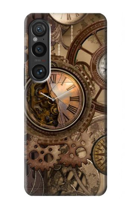 W3927 Compass Clock Gage Steampunk Hülle Schutzhülle Taschen und Leder Flip für Sony Xperia 1 VI