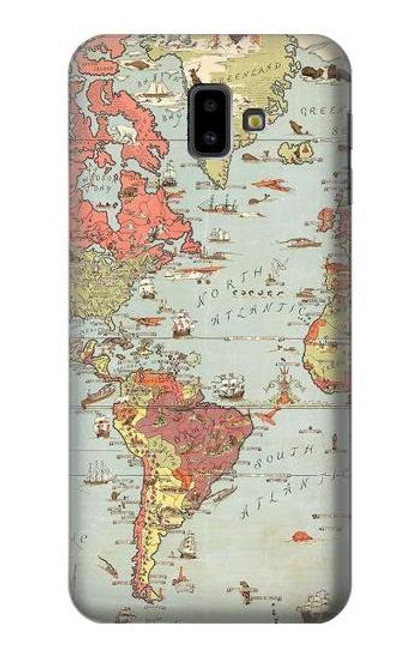 W3418 Vintage World Map Hülle Schutzhülle Taschen und Leder Flip für Samsung Galaxy J6+ (2018), J6 Plus (2018)