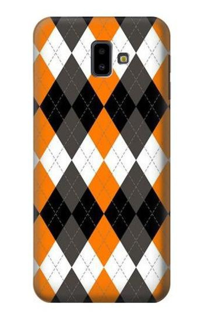 W3421 Black Orange White Argyle Plaid Hülle Schutzhülle Taschen und Leder Flip für Samsung Galaxy J6+ (2018), J6 Plus (2018)