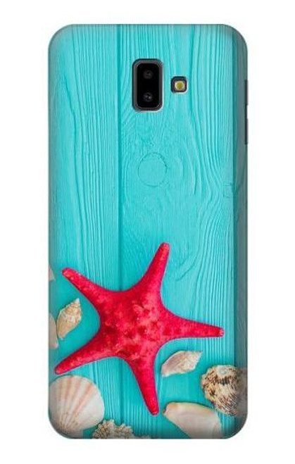 W3428 Aqua Wood Starfish Shell Hülle Schutzhülle Taschen und Leder Flip für Samsung Galaxy J6+ (2018), J6 Plus (2018)