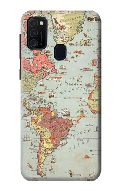 W3418 Vintage World Map Hülle Schutzhülle Taschen und Leder Flip für Samsung Galaxy M21