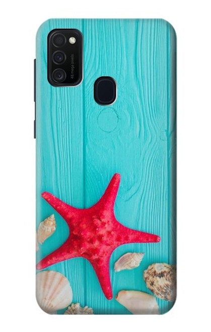 W3428 Aqua Wood Starfish Shell Hülle Schutzhülle Taschen und Leder Flip für Samsung Galaxy M21