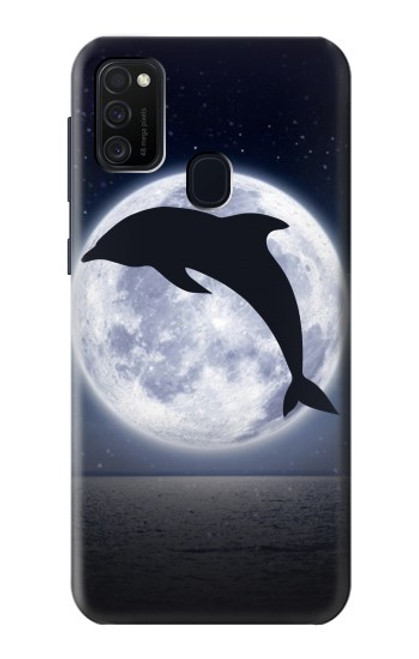W3510 Dolphin Moon Night Hülle Schutzhülle Taschen und Leder Flip für Samsung Galaxy M21