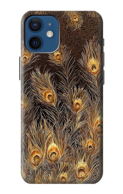 W3691 Gold Peacock Feather Hülle Schutzhülle Taschen und Leder Flip für iPhone 12 mini