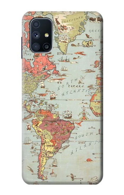 W3418 Vintage World Map Hülle Schutzhülle Taschen und Leder Flip für Samsung Galaxy M51