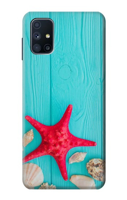 W3428 Aqua Wood Starfish Shell Hülle Schutzhülle Taschen und Leder Flip für Samsung Galaxy M51