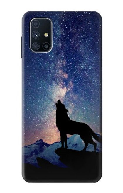 W3555 Wolf Howling Million Star Hülle Schutzhülle Taschen und Leder Flip für Samsung Galaxy M51