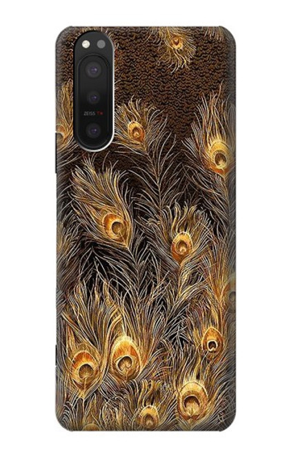 W3691 Gold Peacock Feather Hülle Schutzhülle Taschen und Leder Flip für Sony Xperia 5 II