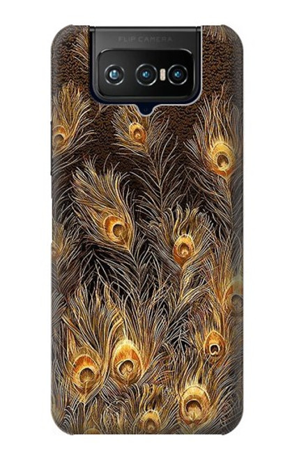 W3691 Gold Peacock Feather Hülle Schutzhülle Taschen und Leder Flip für ASUS ZenFone 7 Pro