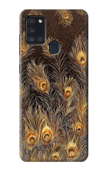 W3691 Gold Peacock Feather Hülle Schutzhülle Taschen und Leder Flip für Samsung Galaxy A21s