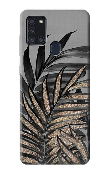 W3692 Gray Black Palm Leaves Hülle Schutzhülle Taschen und Leder Flip für Samsung Galaxy A21s