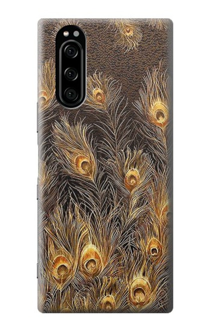 W3691 Gold Peacock Feather Hülle Schutzhülle Taschen und Leder Flip für Sony Xperia 5