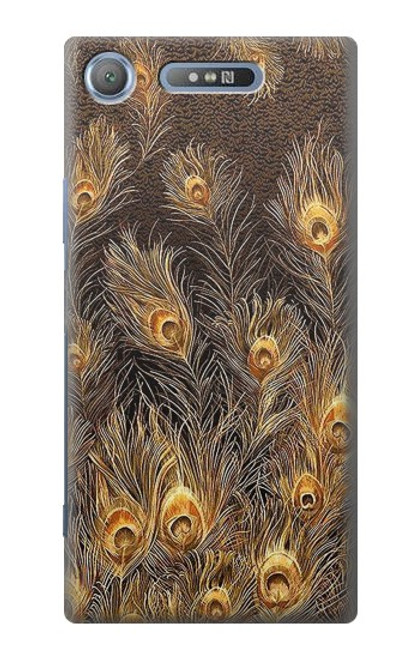 W3691 Gold Peacock Feather Hülle Schutzhülle Taschen und Leder Flip für Sony Xperia XZ1