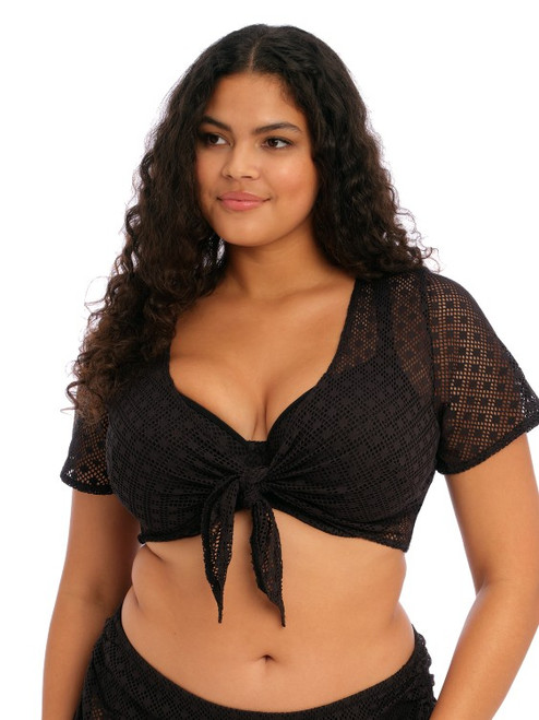 Elomi Bazaruto Beach Top ES800696 in Black, front view, plus size swim cover-up with relaxed fit over swimwear