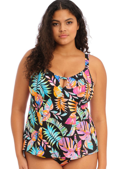 Elomi Tropical Falls Non-Wired Tankini ES801561 in Black, front view, full bust swimwear with support and coverage
