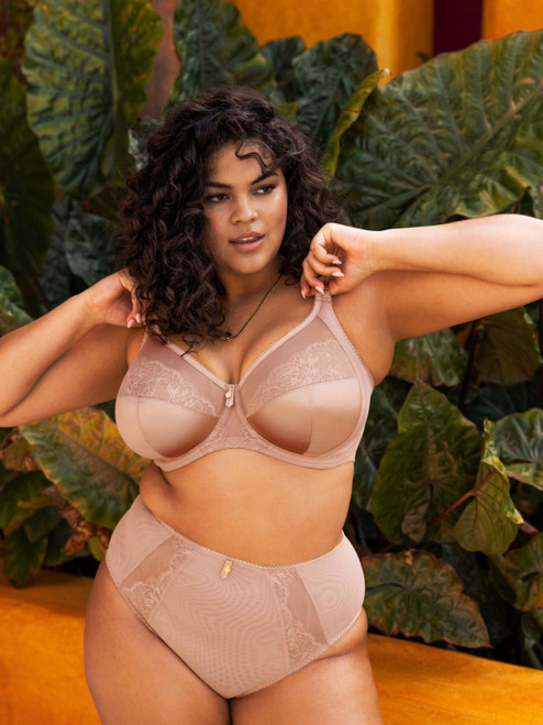 Elomi Cate Allure EL302405 Sahara on model, unlined cup with no-show flat embroidery for a refined look under light fabrics